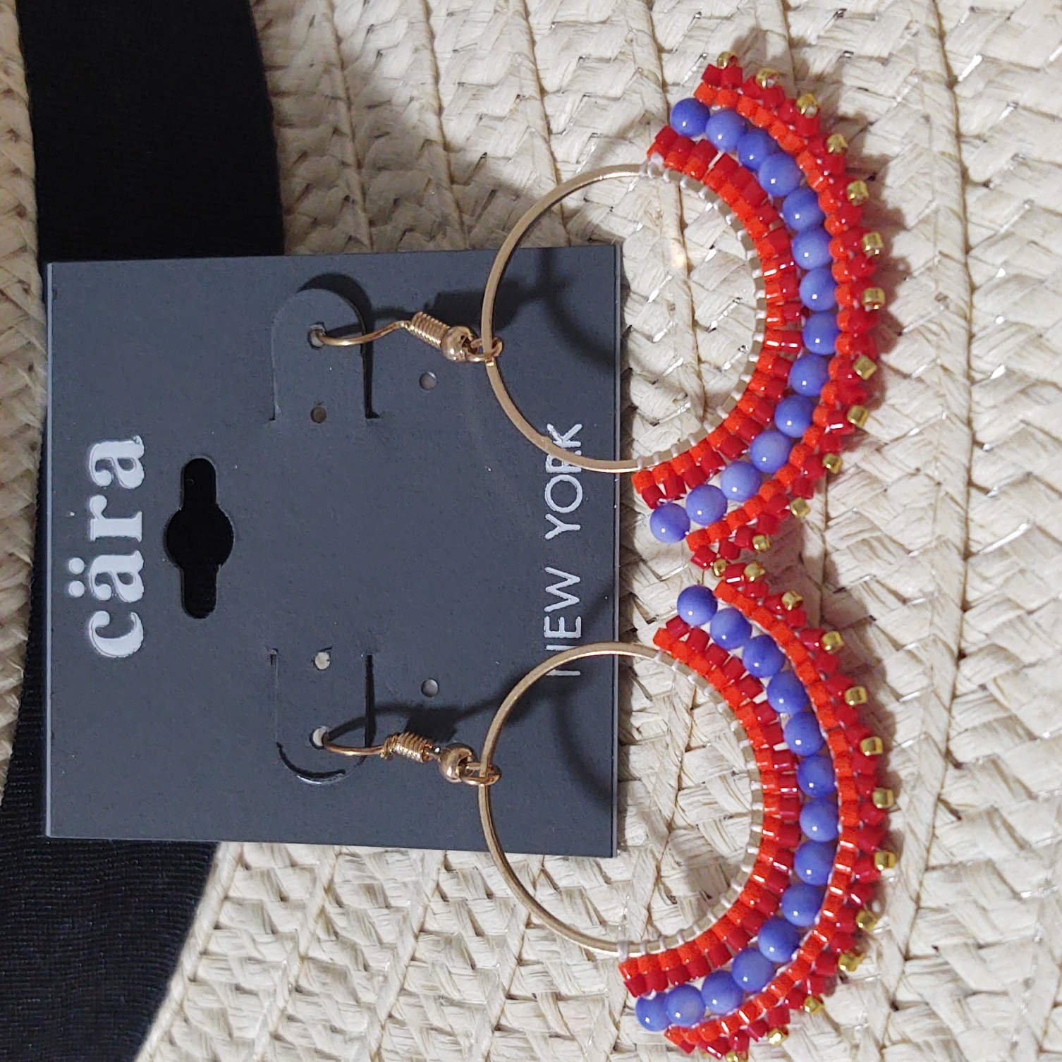 Beaded Hoop Earrings , With Glass Beads, Fan , Golden Multi